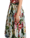 Dolce & Gabbana Green Floral Short Sleeves Cotton V-neck Dress