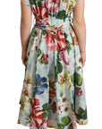 Dolce & Gabbana Green Floral Short Sleeves Cotton V-neck Dress