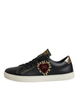 Dolce & Gabbana Black Leather Gold Red Heart Sneakers Shoes