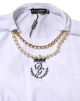 Dolce & Gabbana White Chain Pearl Cotton Round Neck T-shirt