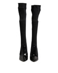 Dolce & Gabbana Black Leather Ribbed Knit Knee Boots Shoes