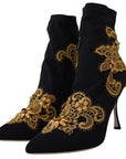 Dolce & Gabbana Black Gold Embroidery Crystal Boots Shoes