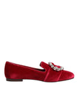 Dolce & Gabbana Red Velvet Crystal Buckle Loafers Flats Shoes