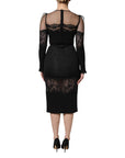 Dolce & Gabbana Black Lace Trim Nylon Tulle SheathMidi Dress