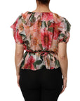Dolce & Gabbana Pink Camellias Printed Silk V-neck Blouse Top