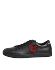 Dolce & Gabbana Black Leather Crystal Heart Sneakers Shoes