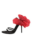 Dolce & Gabbana Black Leather Strappy Flower Heels Sandals Shoes