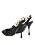 Dolce & Gabbana White Black Chevron Faux Pearl Slingbacks Shoes