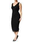 Dolce & Gabbana Black V-Neck Ruched Lace Hem Midi Dress