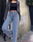 Jeans a vita alta con motivo a quadri