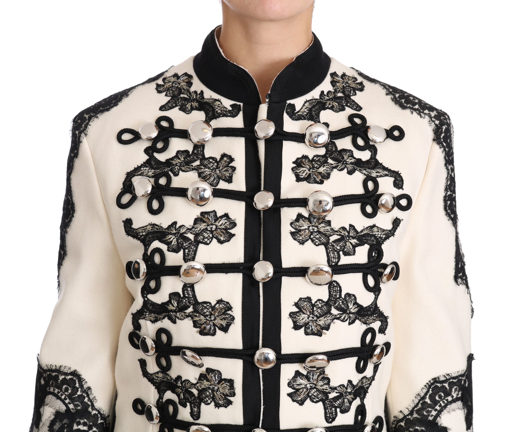 Dolce &amp; Gabbana White Wool Black Floral Baroque Jacket