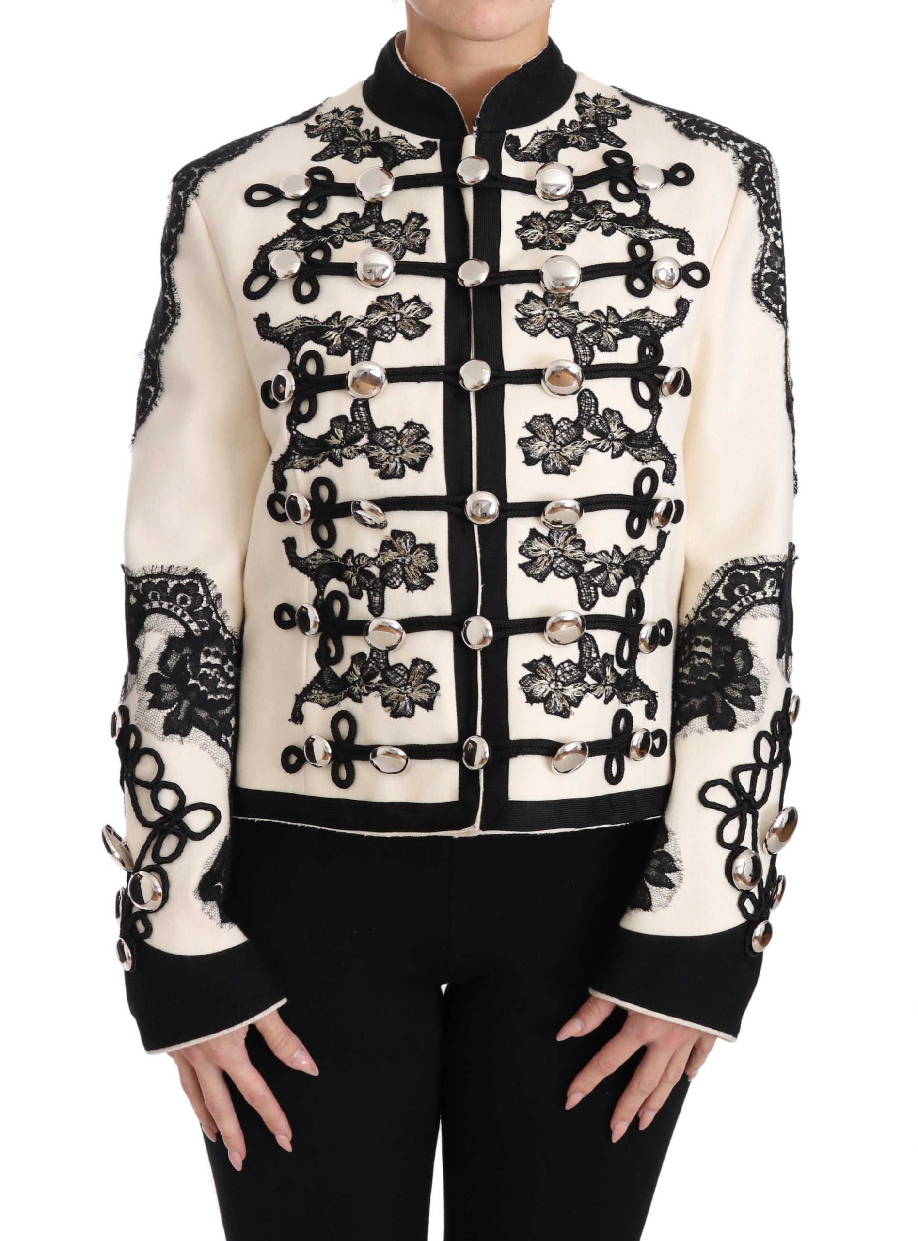 Dolce &amp; Gabbana White Wool Black Floral Baroque Jacket