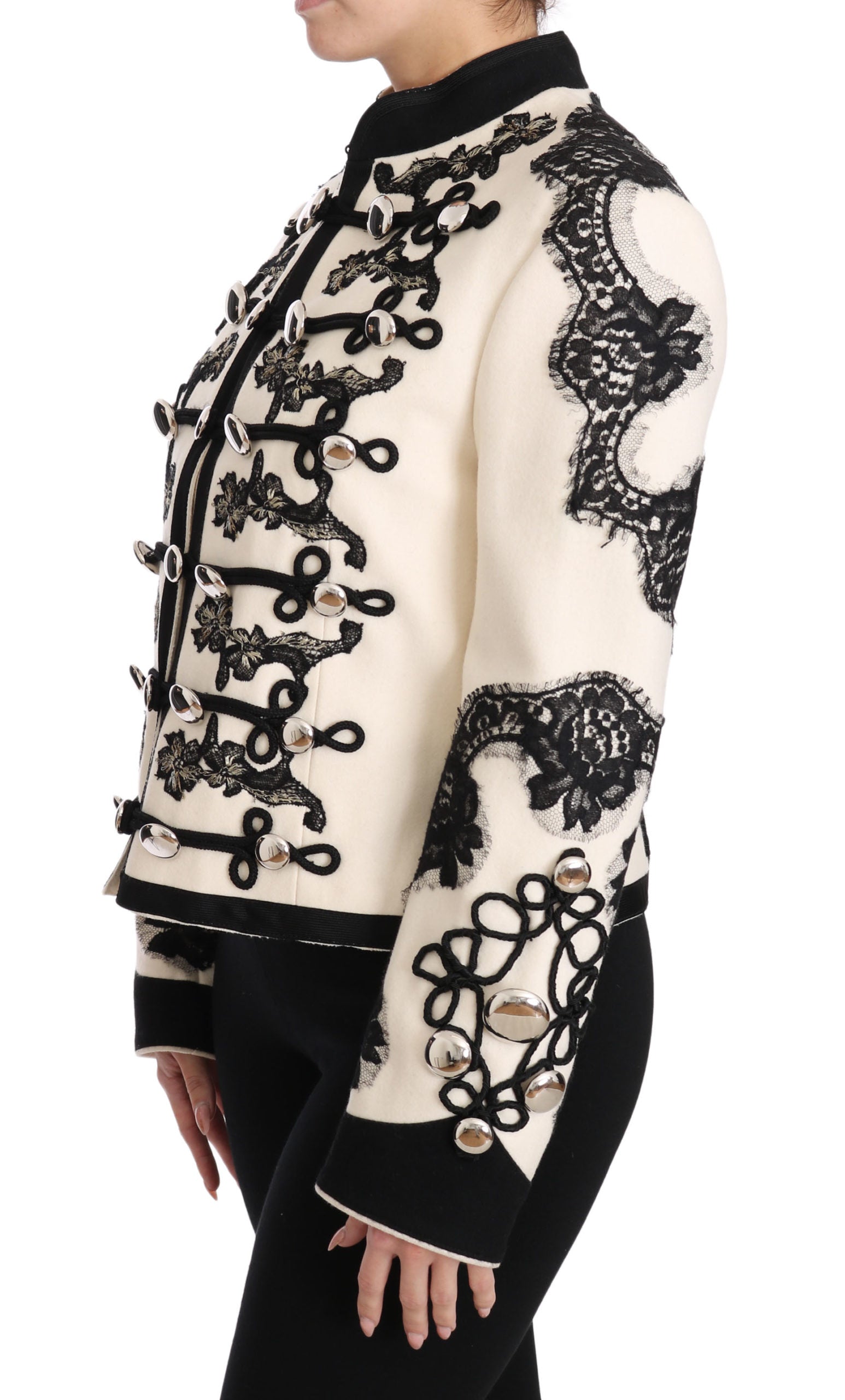 Dolce &amp; Gabbana White Wool Black Floral Baroque Jacket