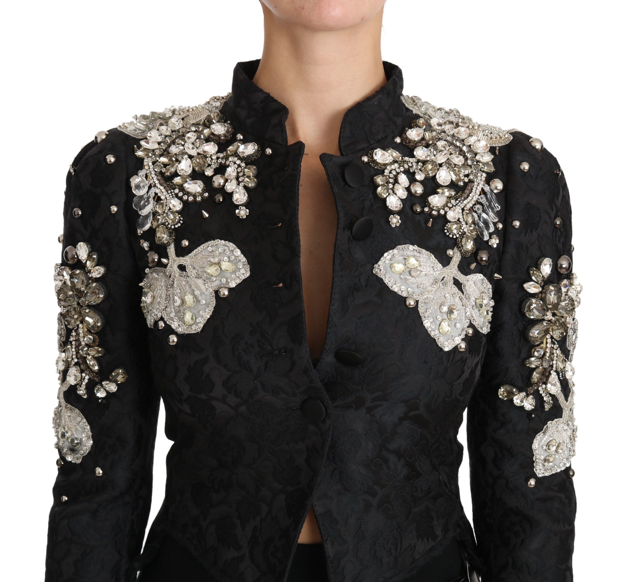 Dolce &amp; Gabbana Black Jacquard Crystal Floral Jacket