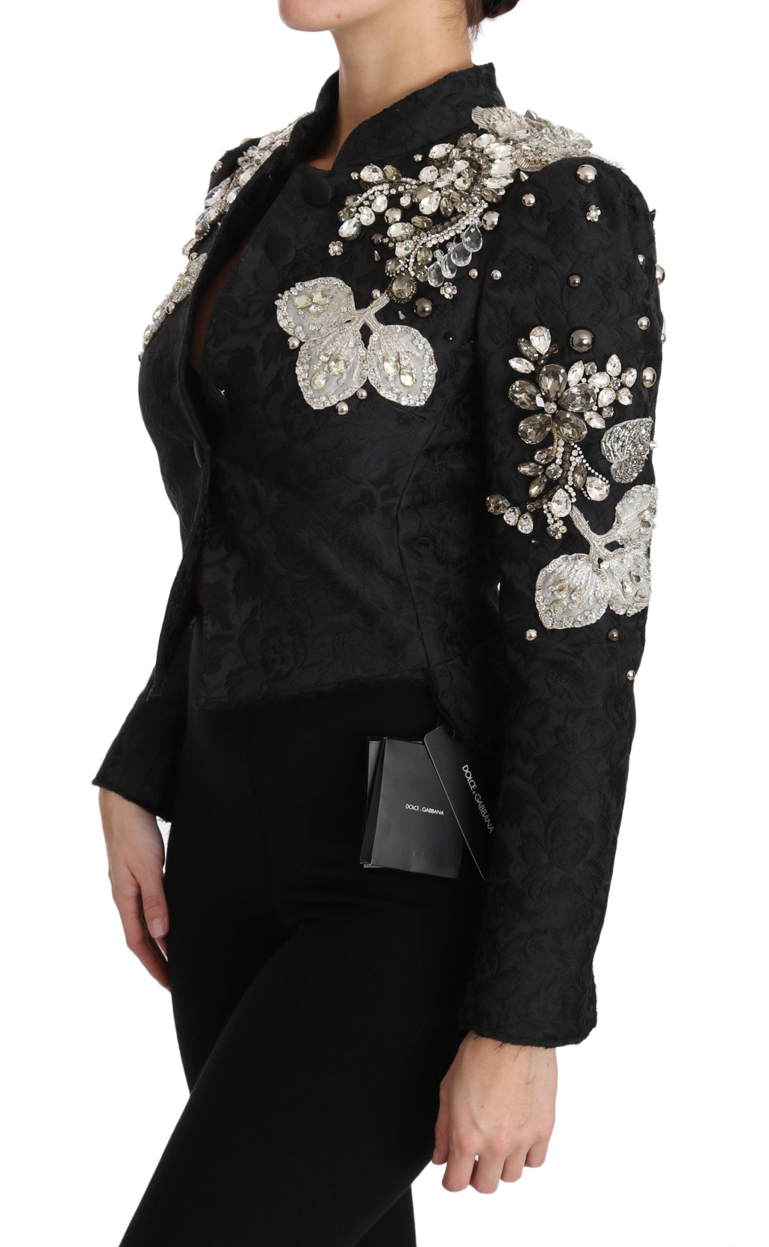 Dolce &amp; Gabbana Black Jacquard Crystal Floral Jacket