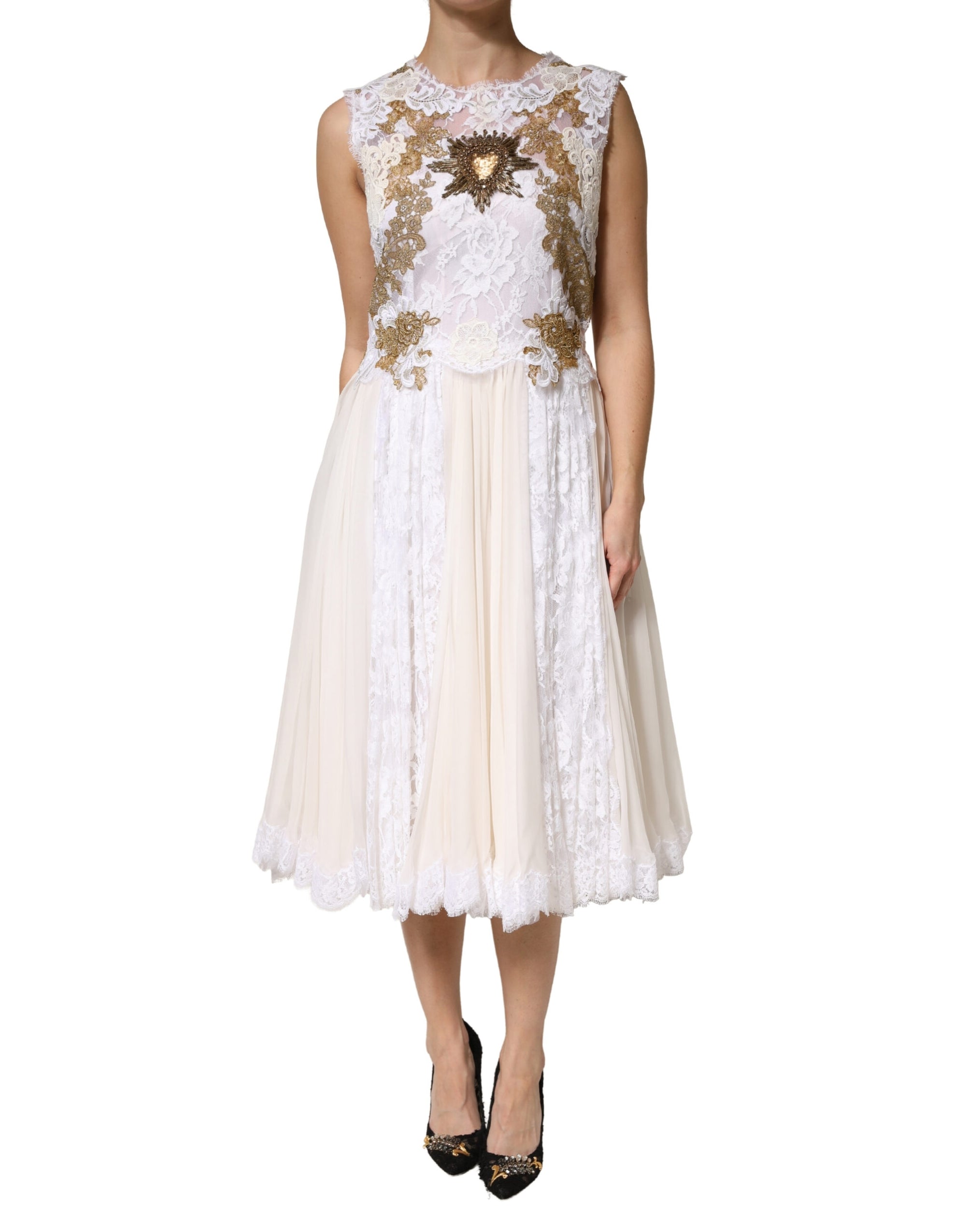 Dolce &amp; Gabbana Ivory Lace Silk Embellished Sleeveless  Dress
