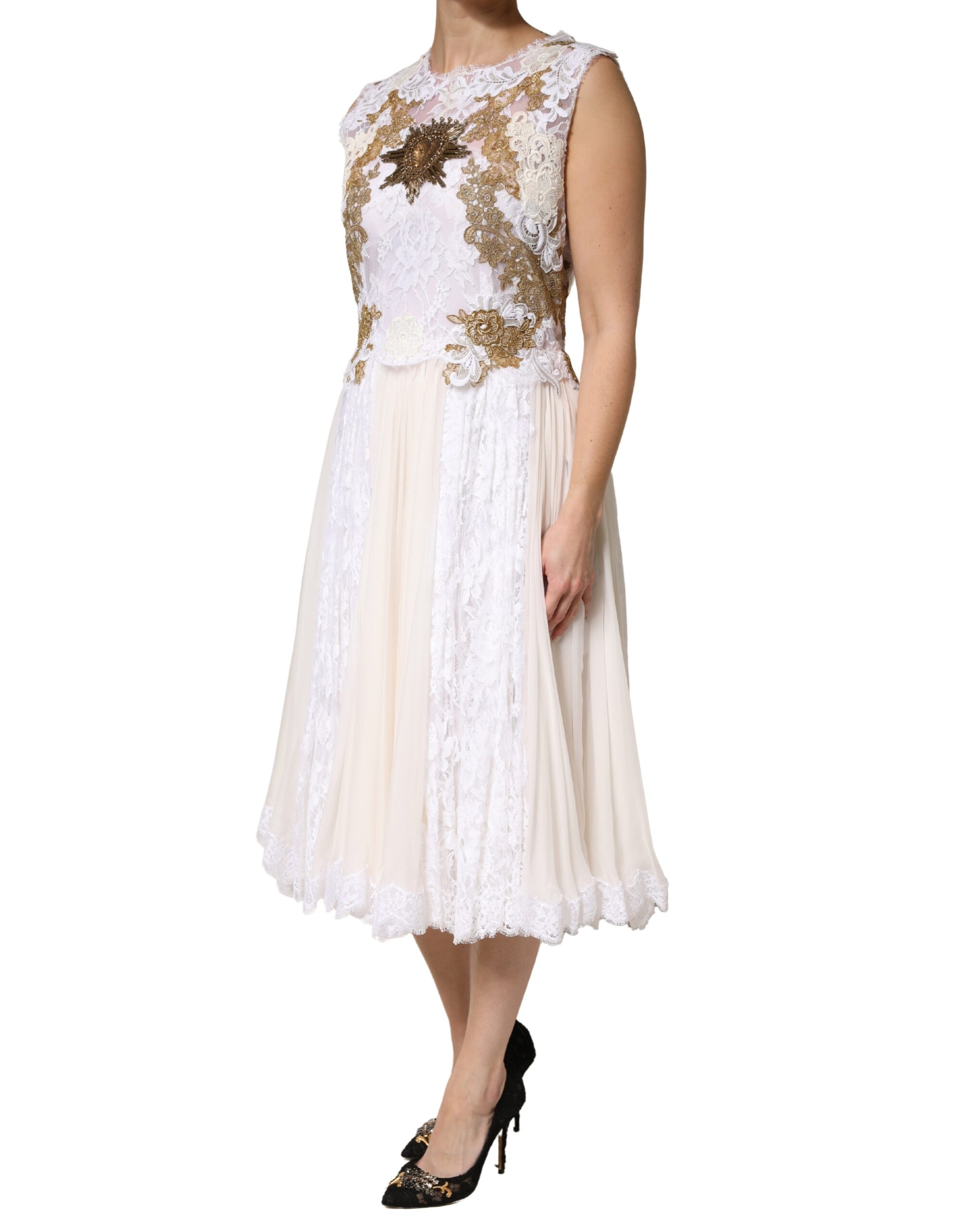 Dolce &amp; Gabbana Ivory Lace Silk Embellished Sleeveless  Dress