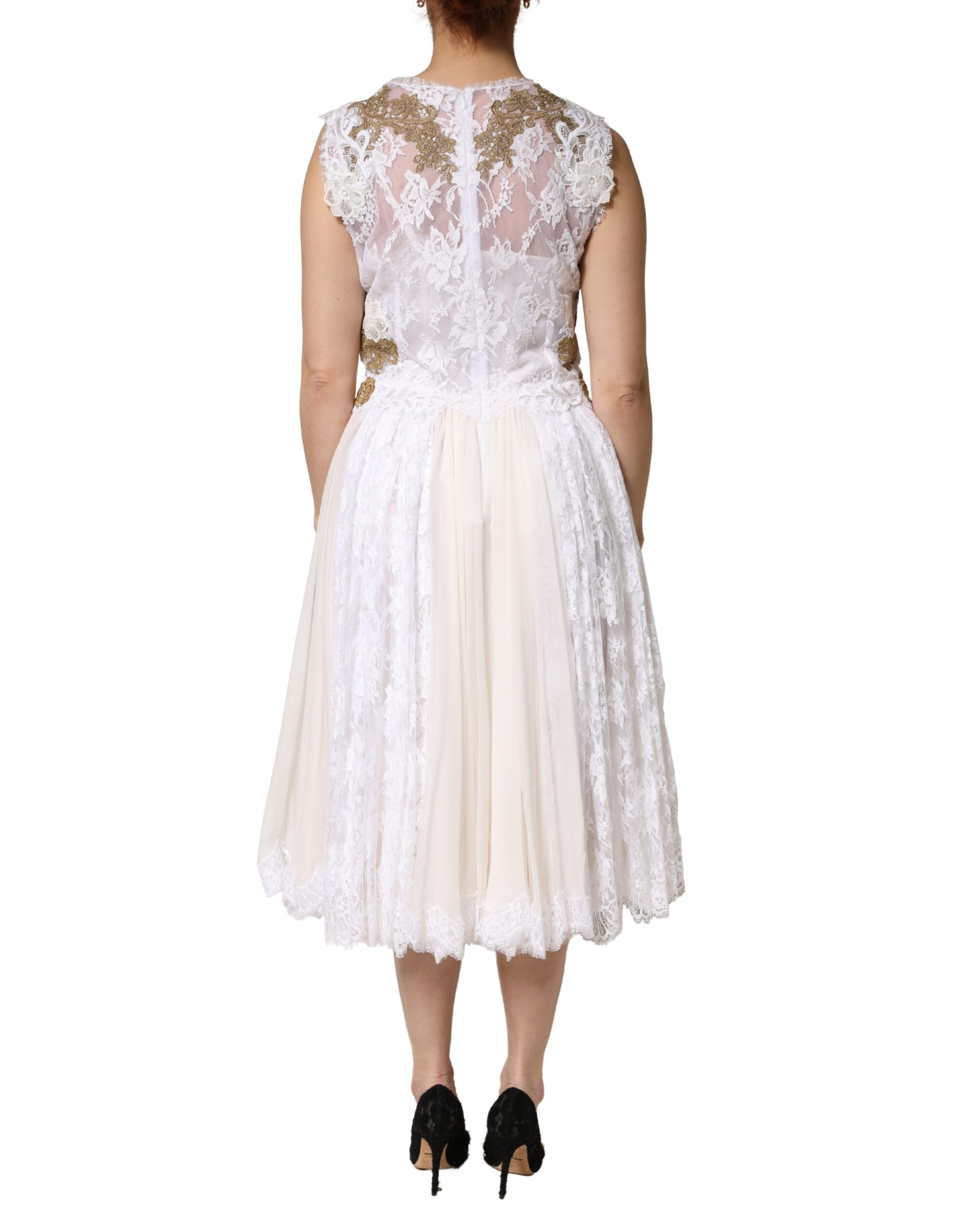 Dolce &amp; Gabbana Ivory Lace Silk Embellished Sleeveless  Dress