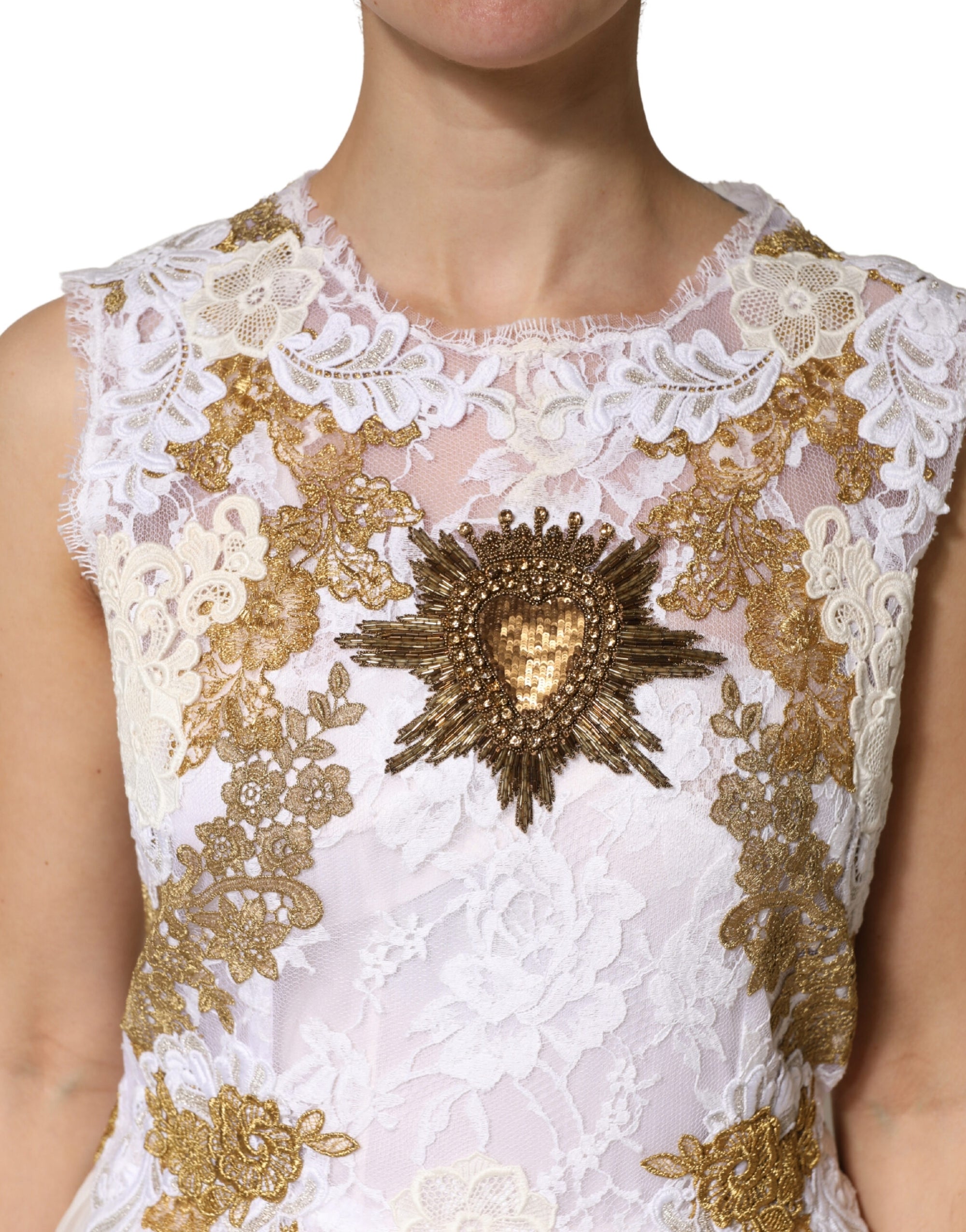 Dolce &amp; Gabbana Ivory Lace Silk Embellished Sleeveless  Dress