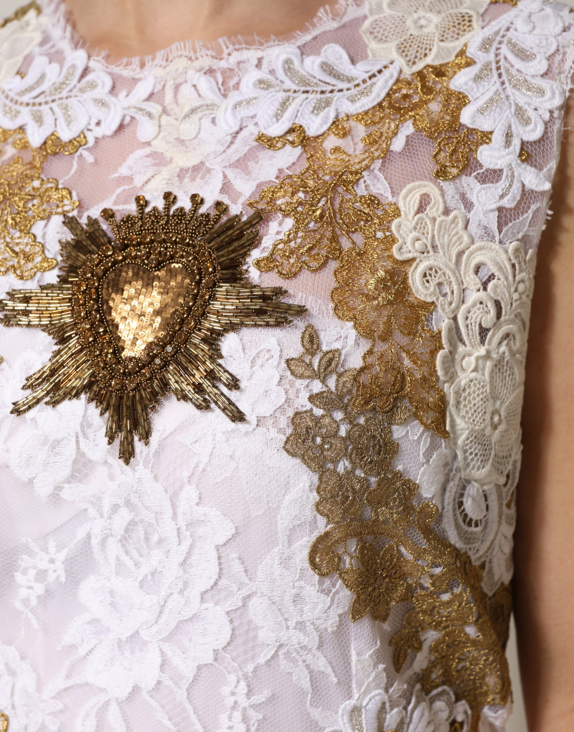 Dolce &amp; Gabbana Ivory Lace Silk Embellished Sleeveless  Dress