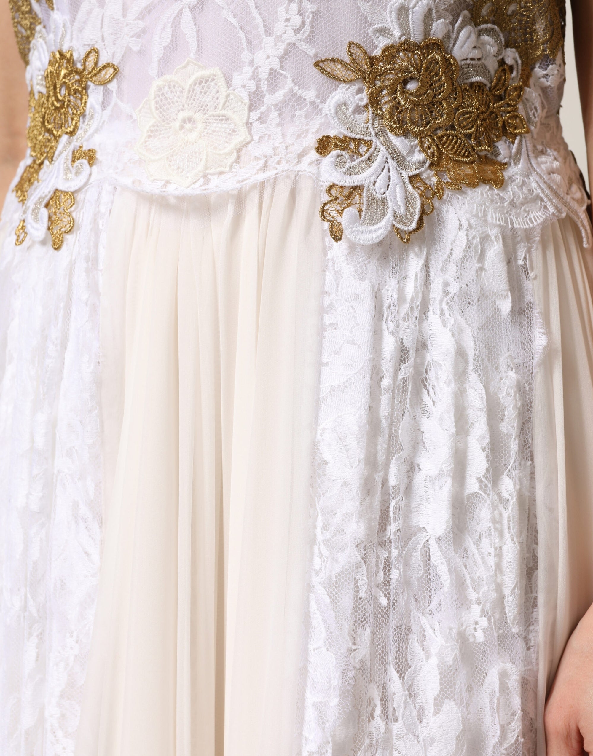 Dolce &amp; Gabbana Ivory Lace Silk Embellished Sleeveless  Dress
