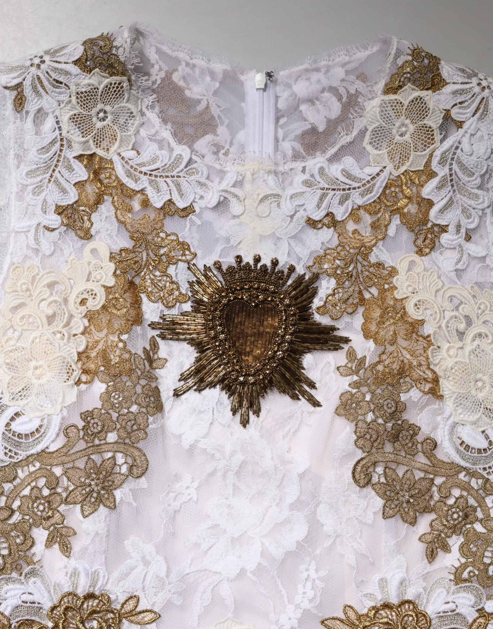 Dolce &amp; Gabbana Ivory Lace Silk Embellished Sleeveless  Dress