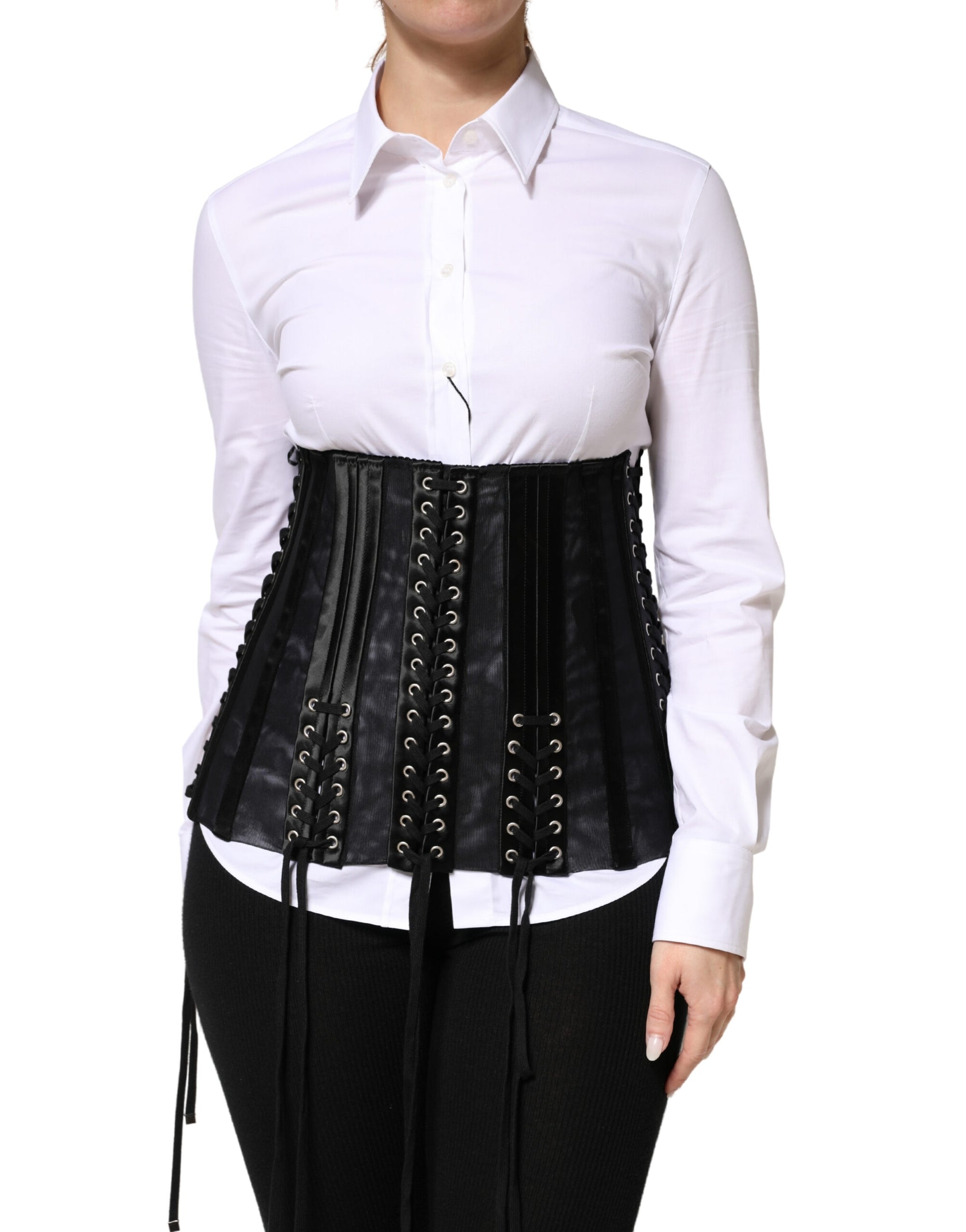 Dolce &amp; Gabbana Black Lace-Up Waist Cincher Bustier Corset Top