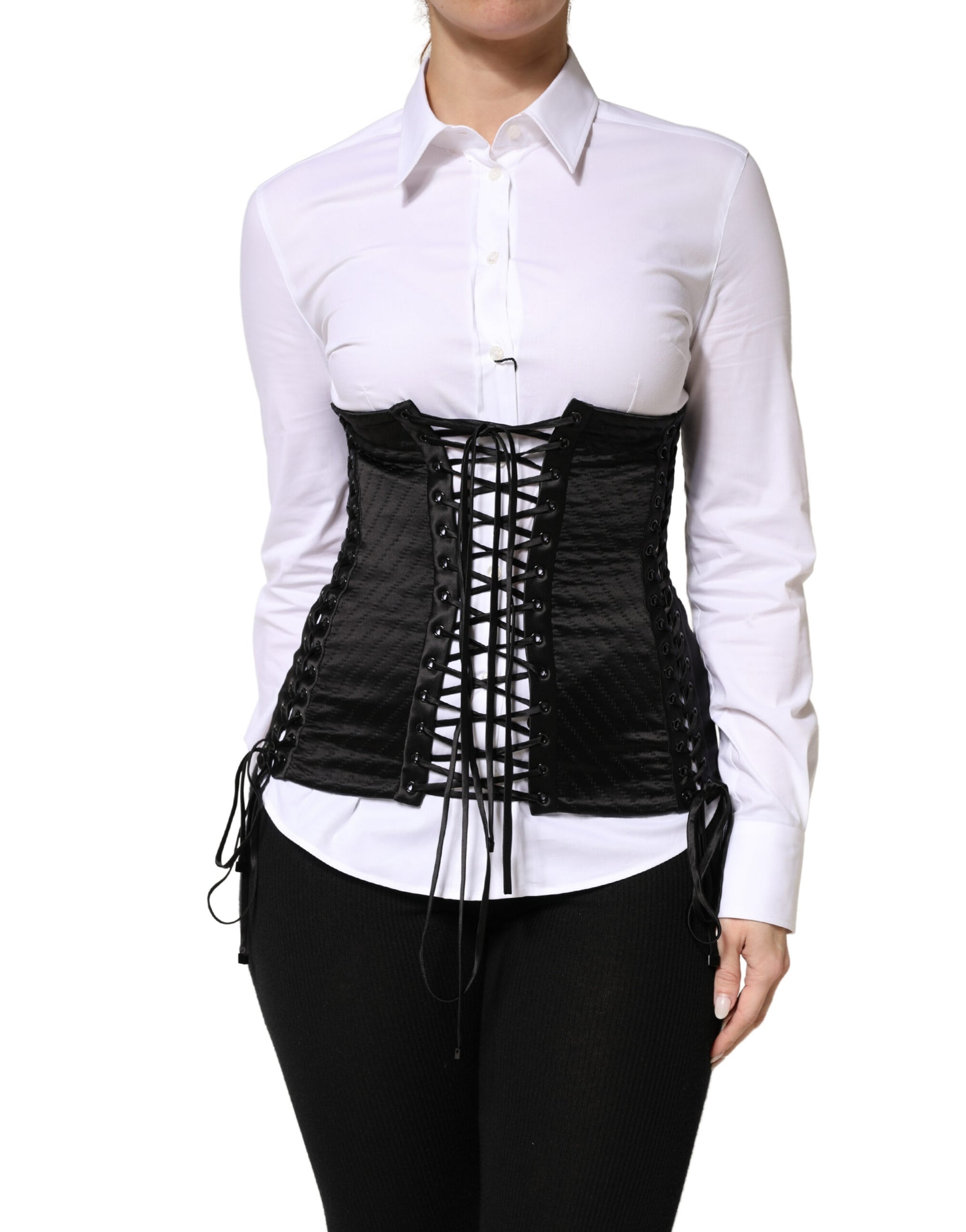 Dolce &amp; Gabbana Black Silk Lace-Up Waist Cincher Corset Top