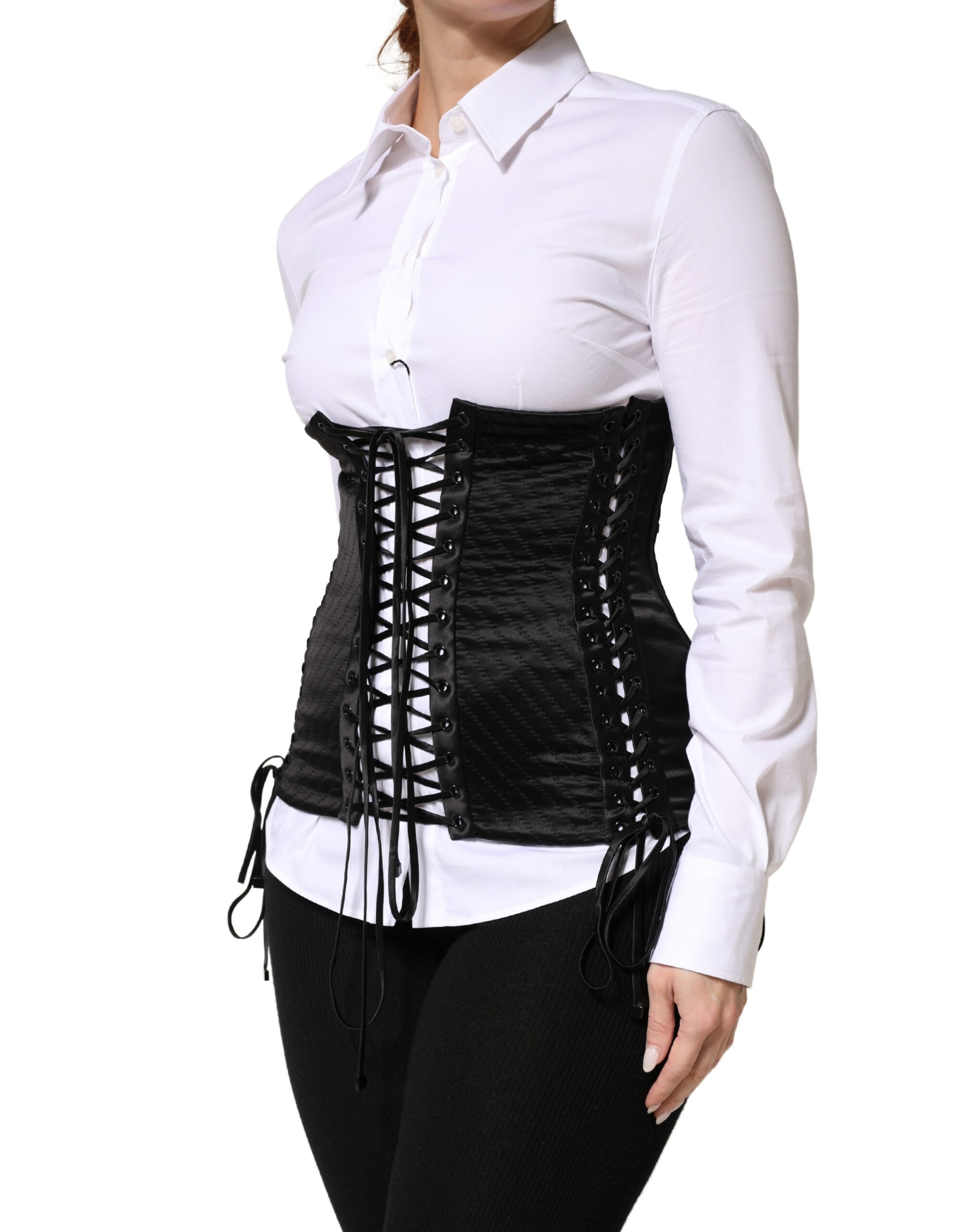 Dolce &amp; Gabbana Black Silk Lace-Up Waist Cincher Corset Top