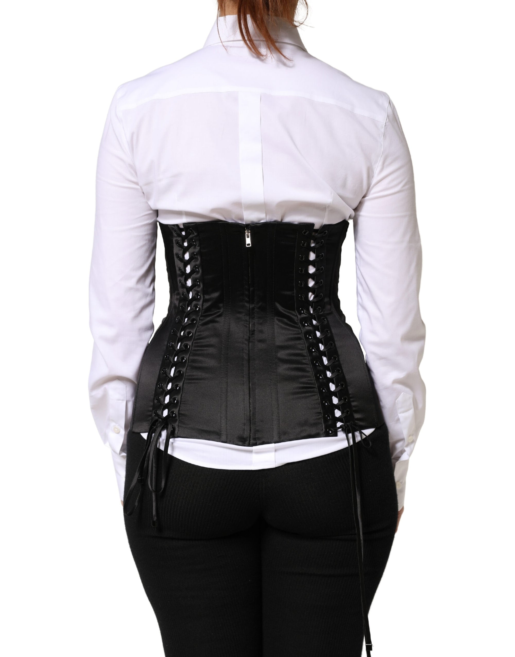Dolce &amp; Gabbana Black Silk Lace-Up Waist Cincher Corset Top