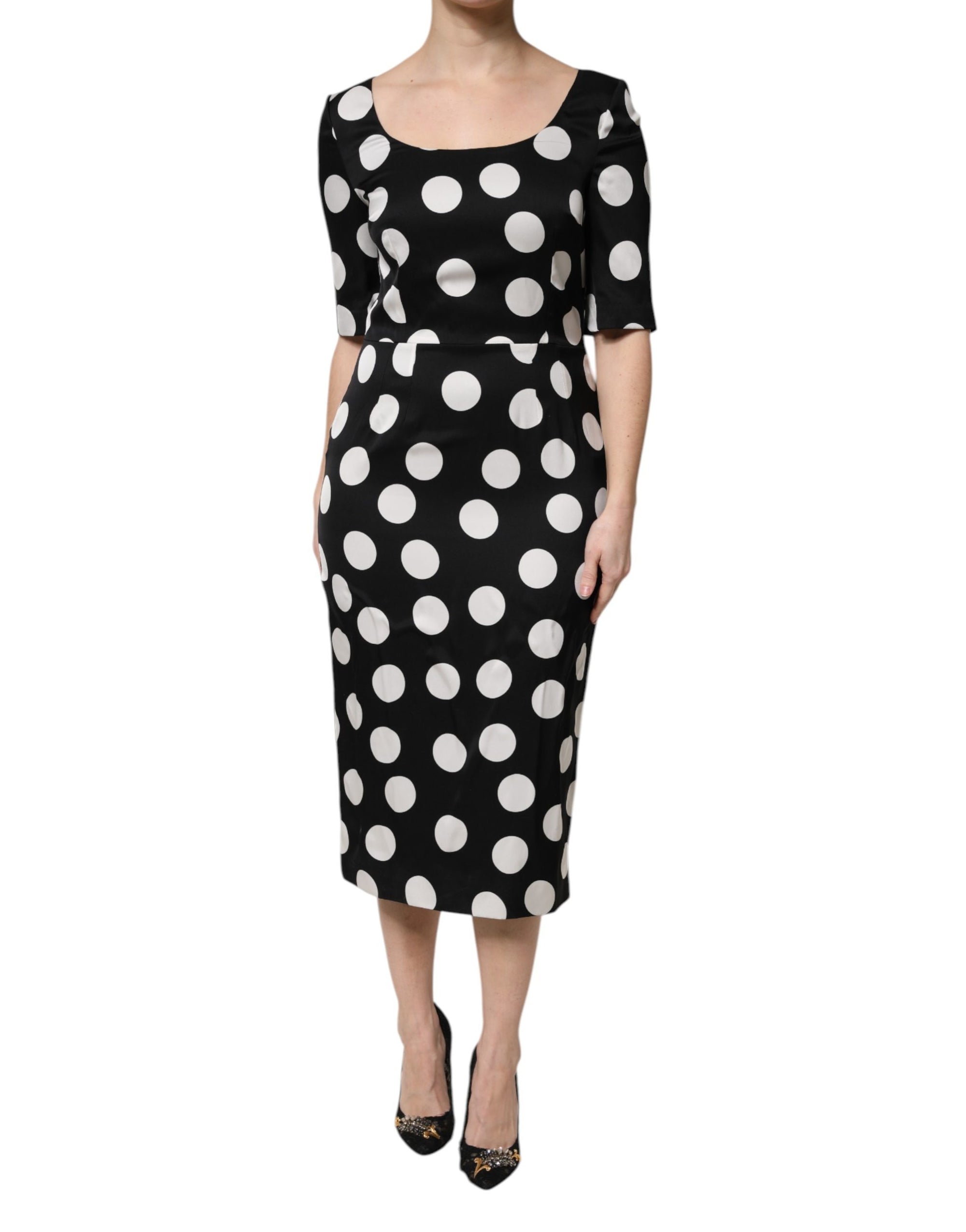 Dolce &amp; Gabbana Black White Polka Dot Silk Sheath Midi Dress