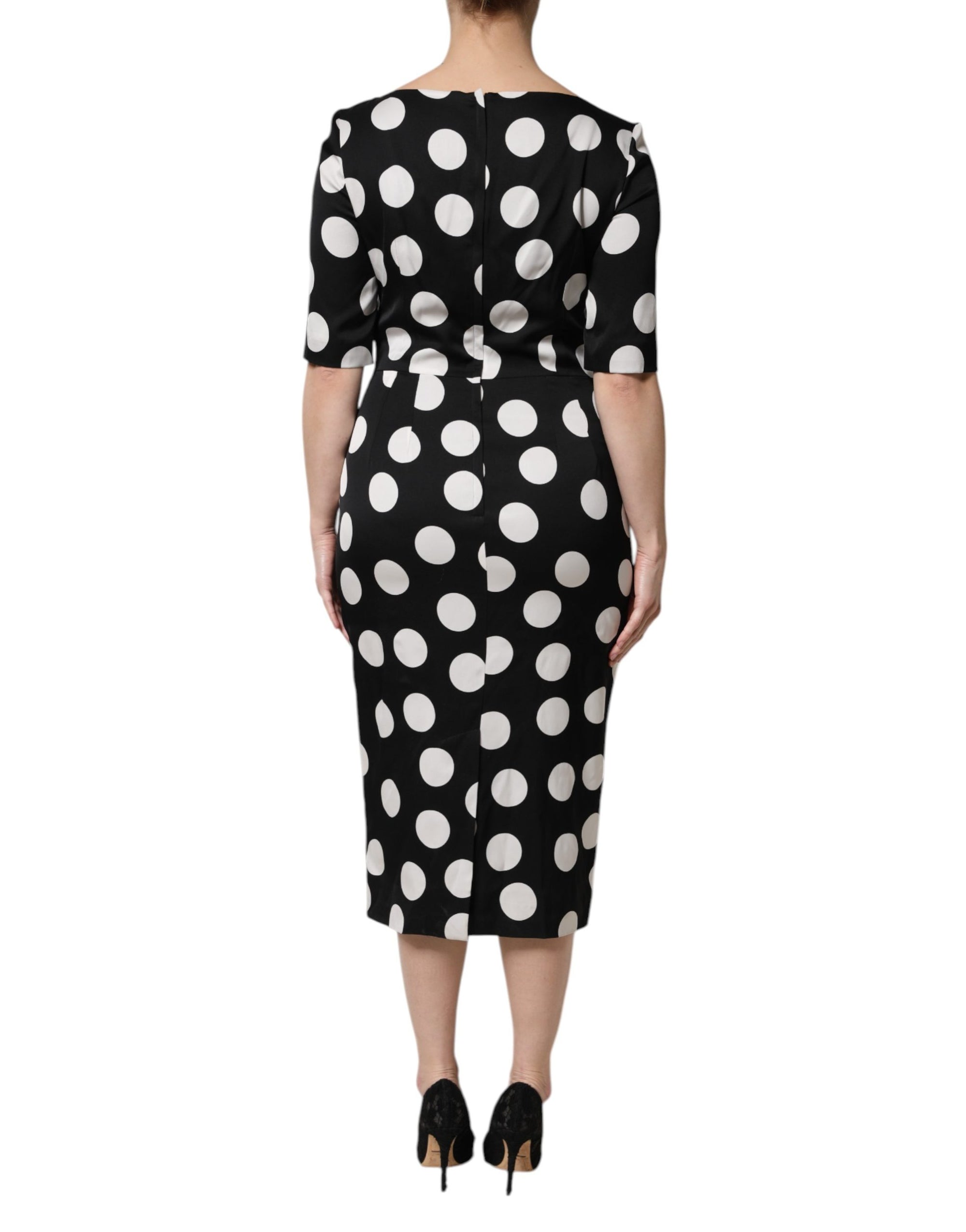 Dolce &amp; Gabbana Black White Polka Dot Silk Sheath Midi Dress