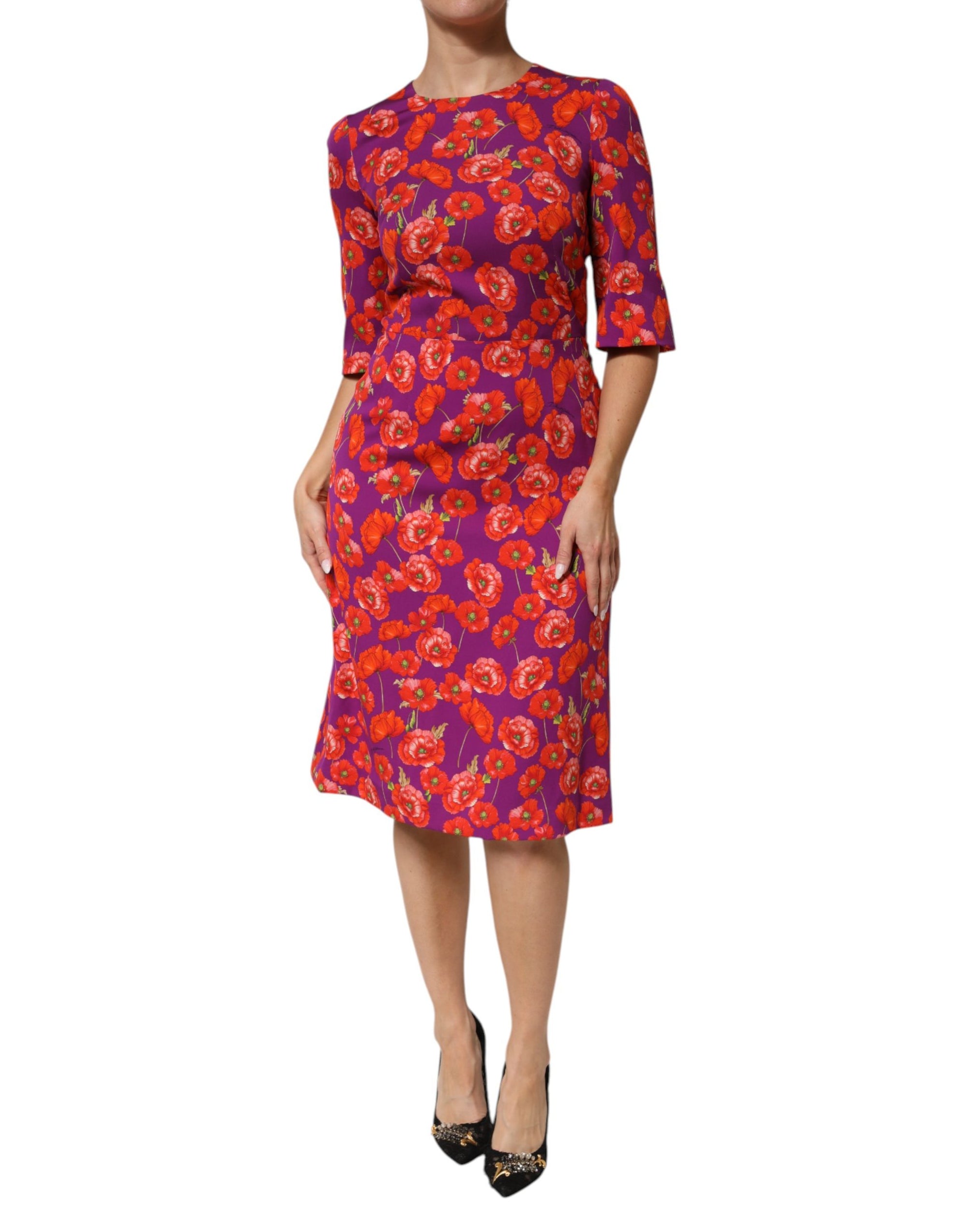 Dolce &amp; Gabbana Purple Silk Floral Print Midi Sheath Dress