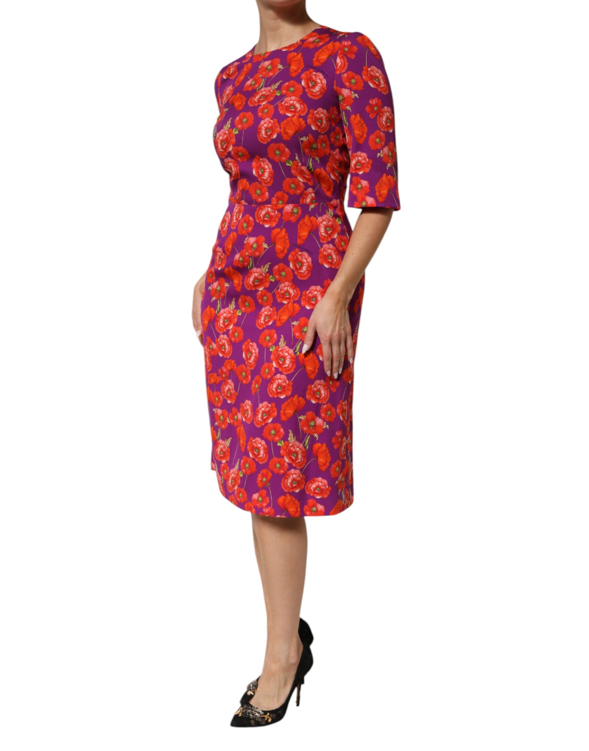 Dolce &amp; Gabbana Purple Silk Floral Print Midi Sheath Dress