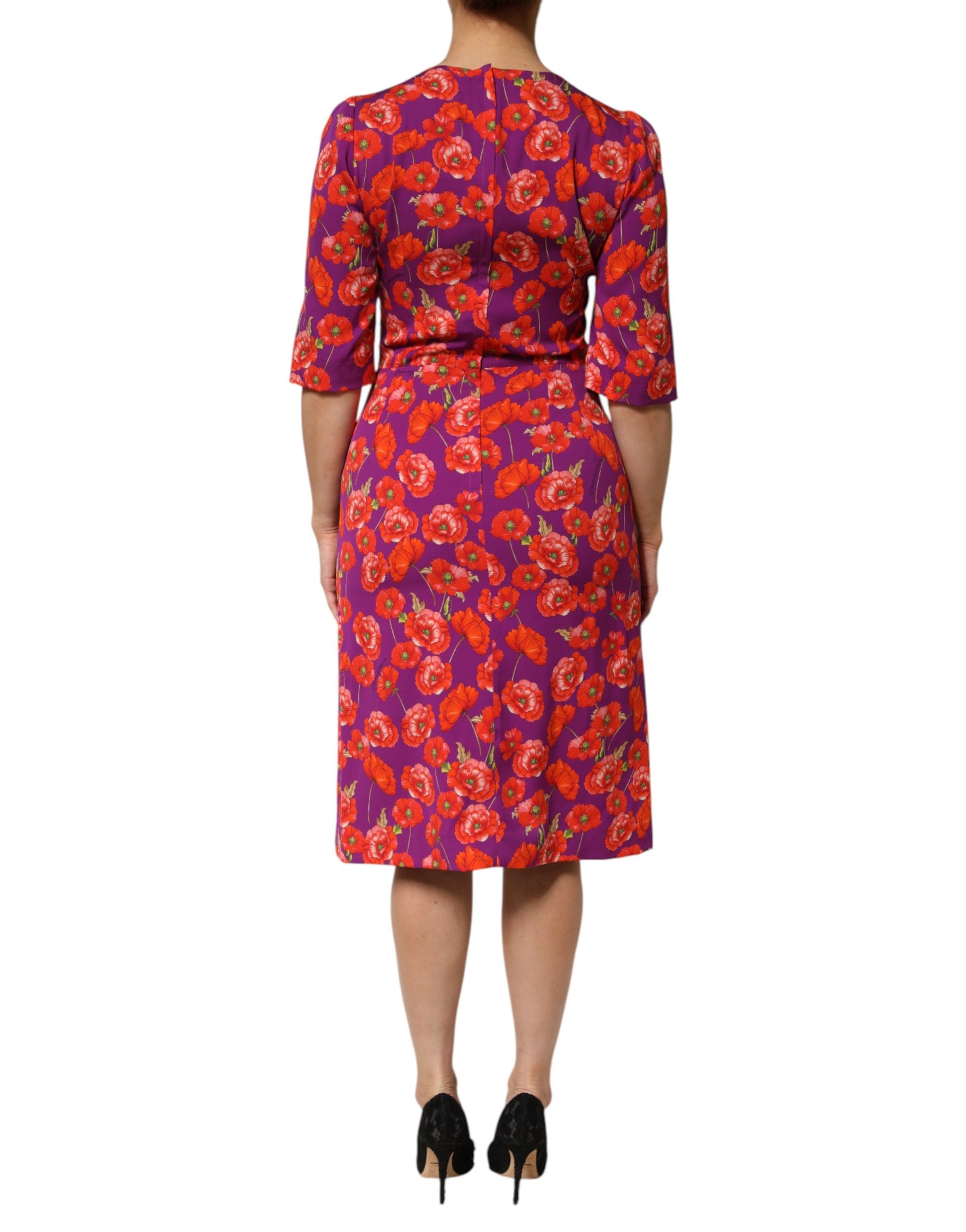 Dolce &amp; Gabbana Purple Silk Floral Print Midi Sheath Dress