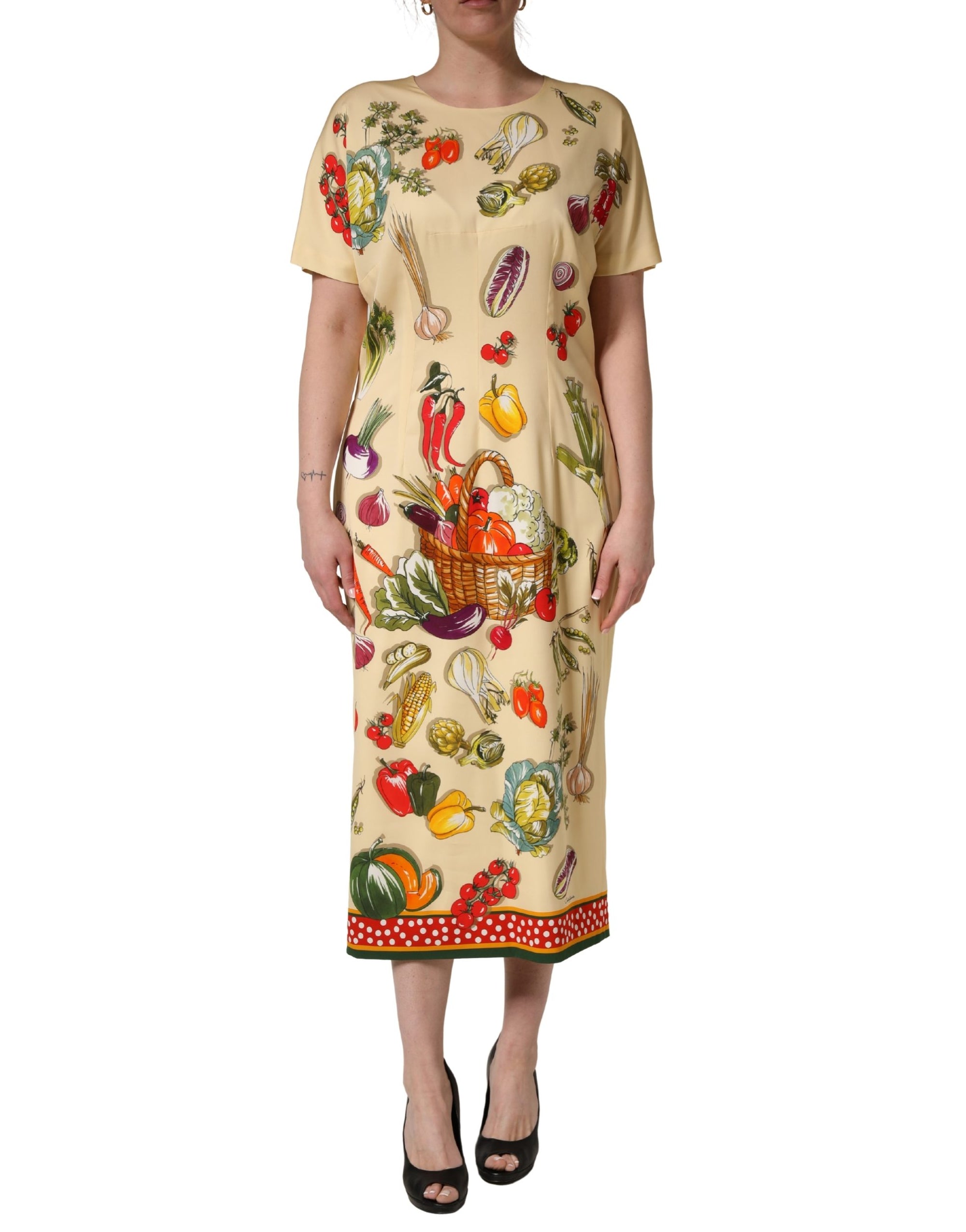 Dolce &amp; Gabbana Beige Fruit PolkaDot Sheath Silk Midi Dress