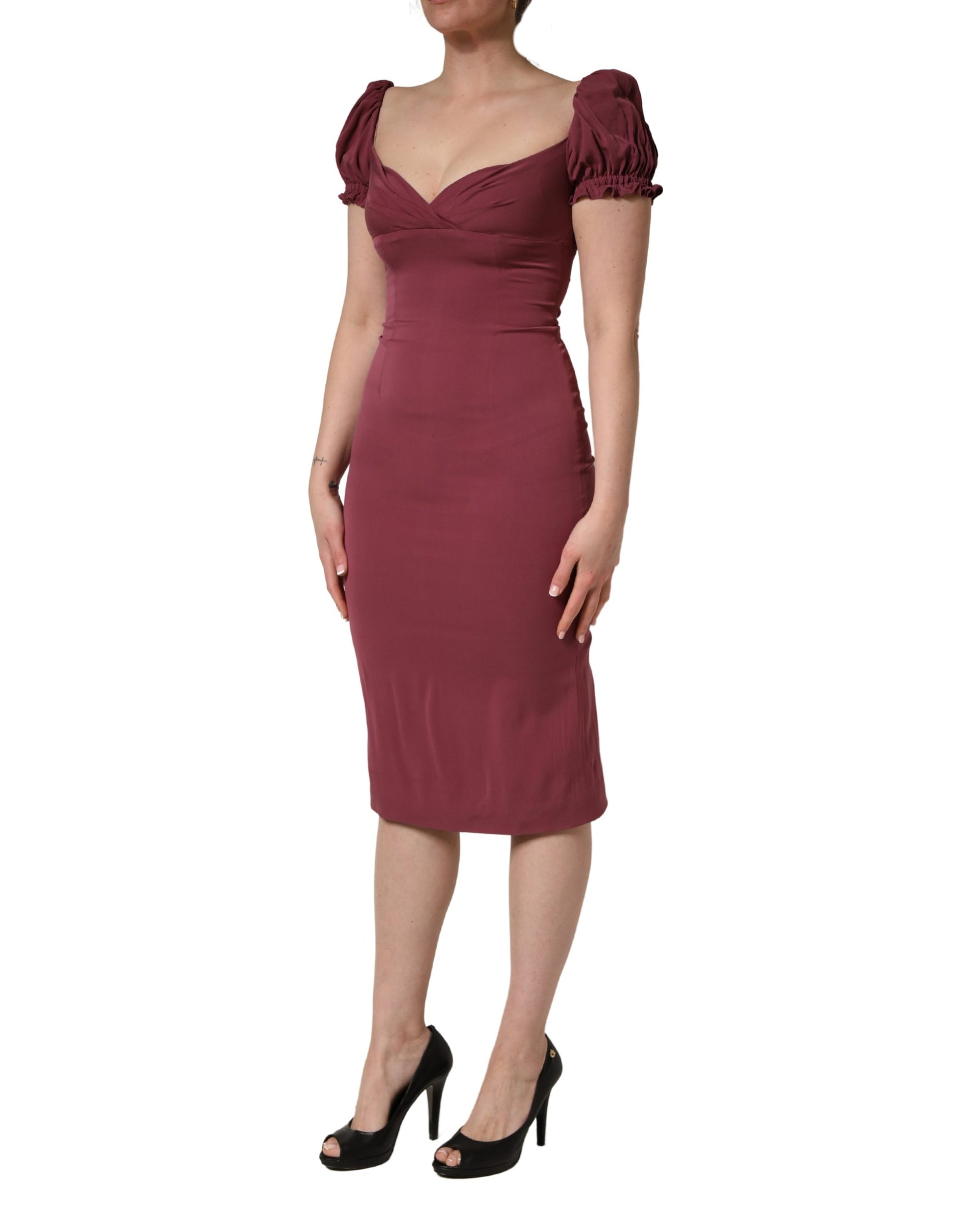 Dolce &amp; Gabbana Maroon Silk Sweetheart Sheath Midi Dress