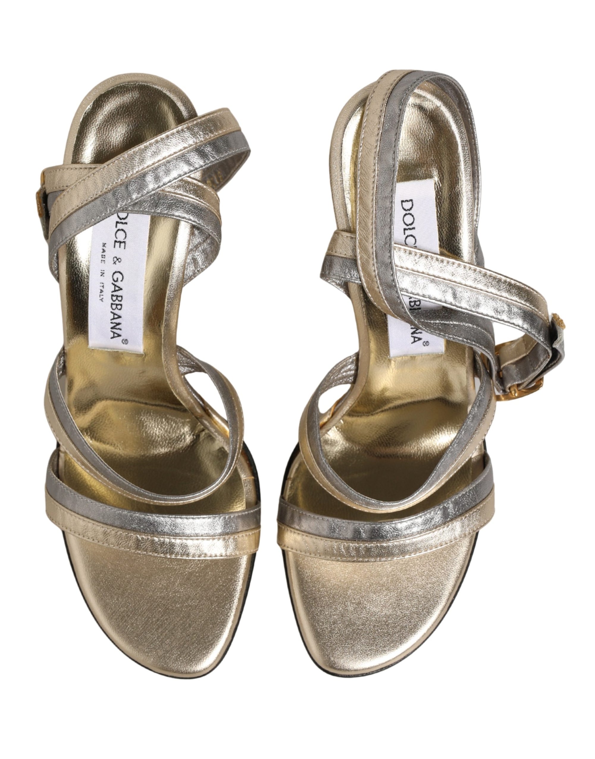 Dolce &amp; Gabbana Gold Silver Leather Wedge Heels Sandals Shoes