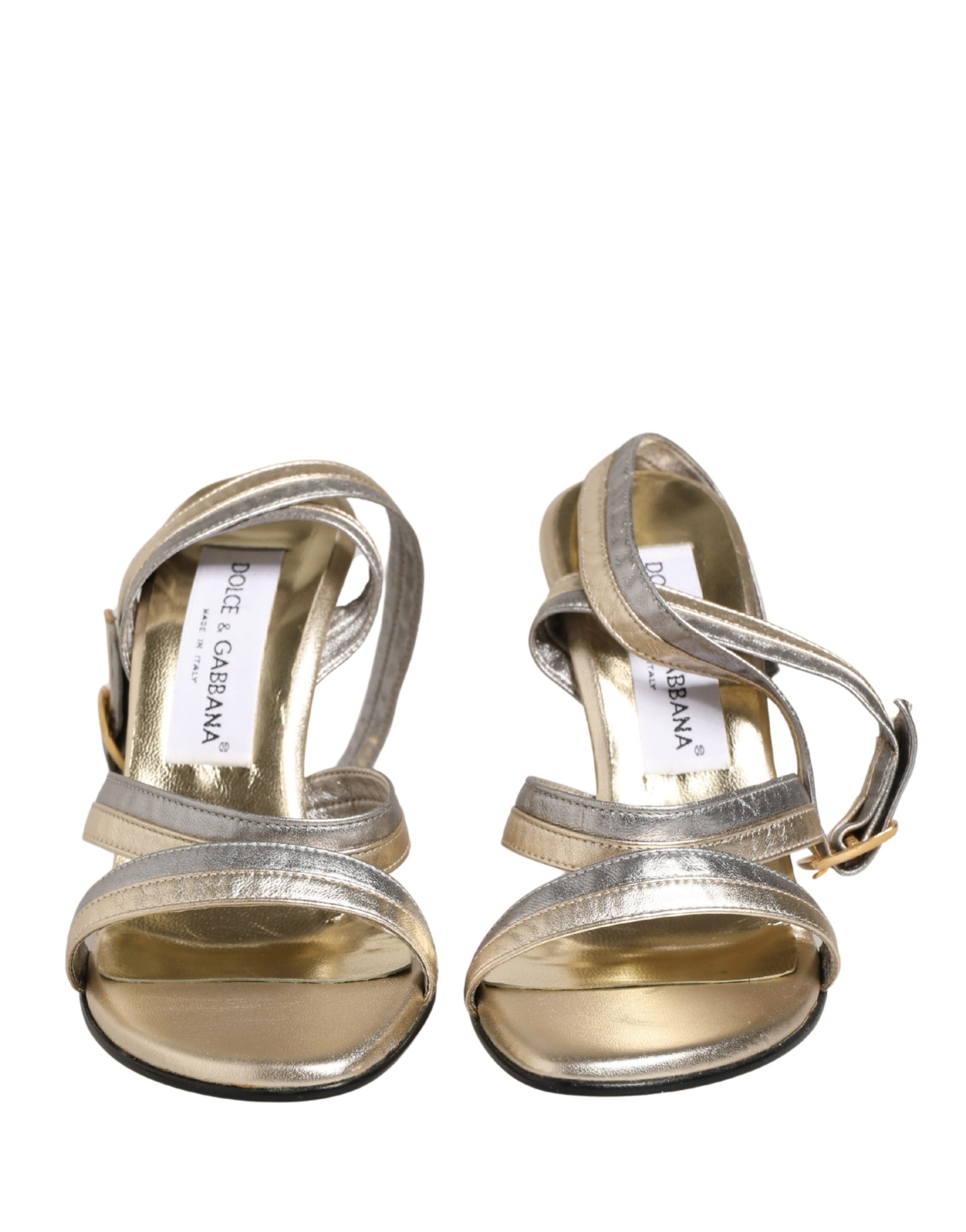 Dolce &amp; Gabbana Gold Silver Leather Wedge Heels Sandals Shoes