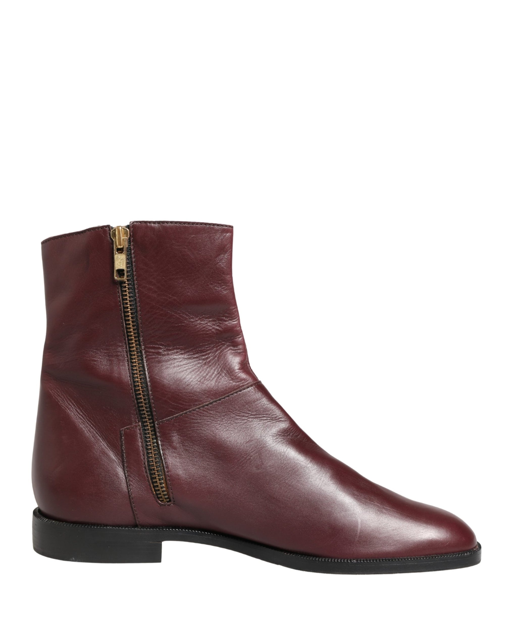 Dolce &amp; Gabbana Maroon Leather Flats Biker Ankle Boots Shoes