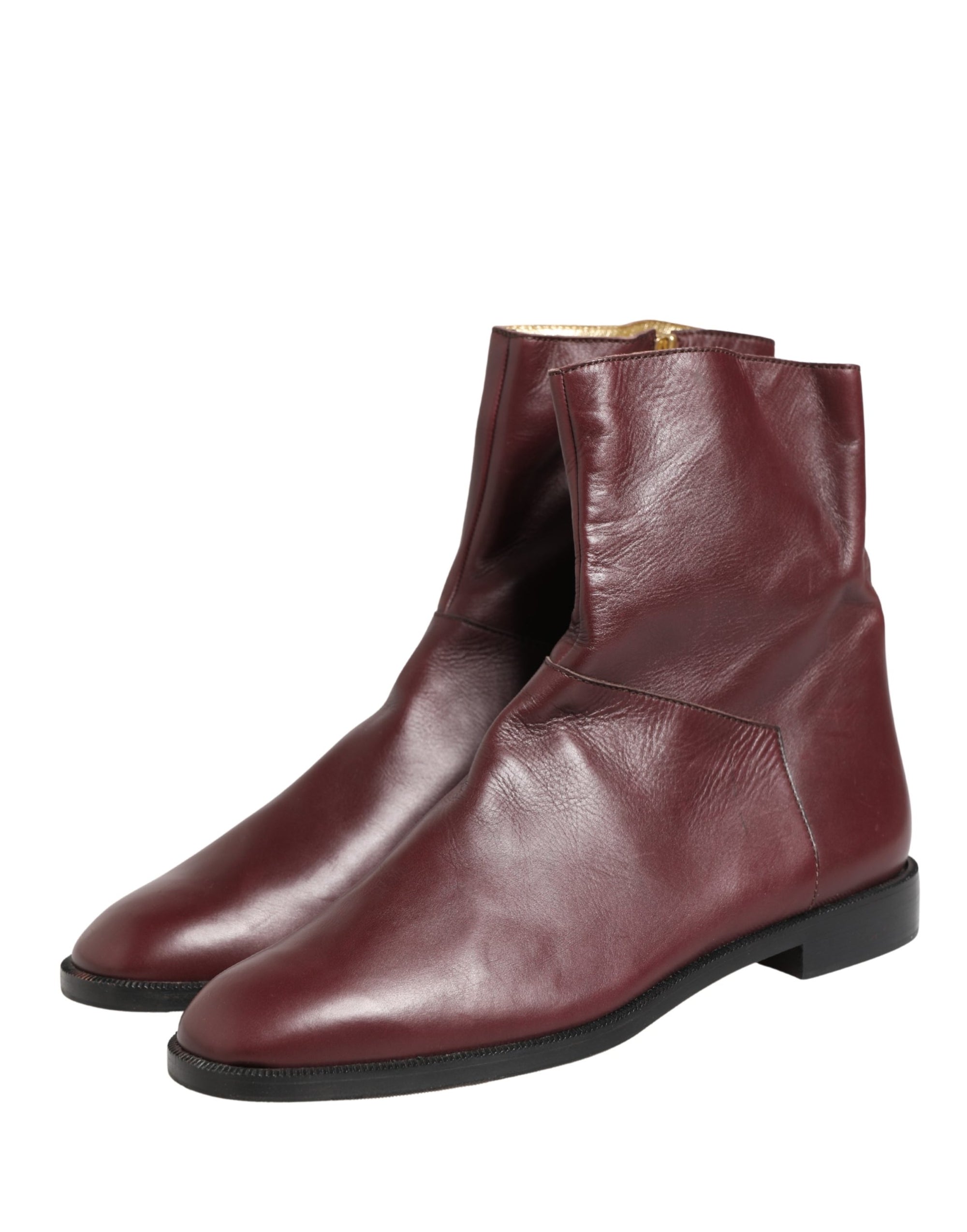 Dolce &amp; Gabbana Maroon Leather Flats Biker Ankle Boots Shoes
