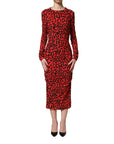 Dolce & Gabbana Red Leopard Print Long Sleeves Midi Dress