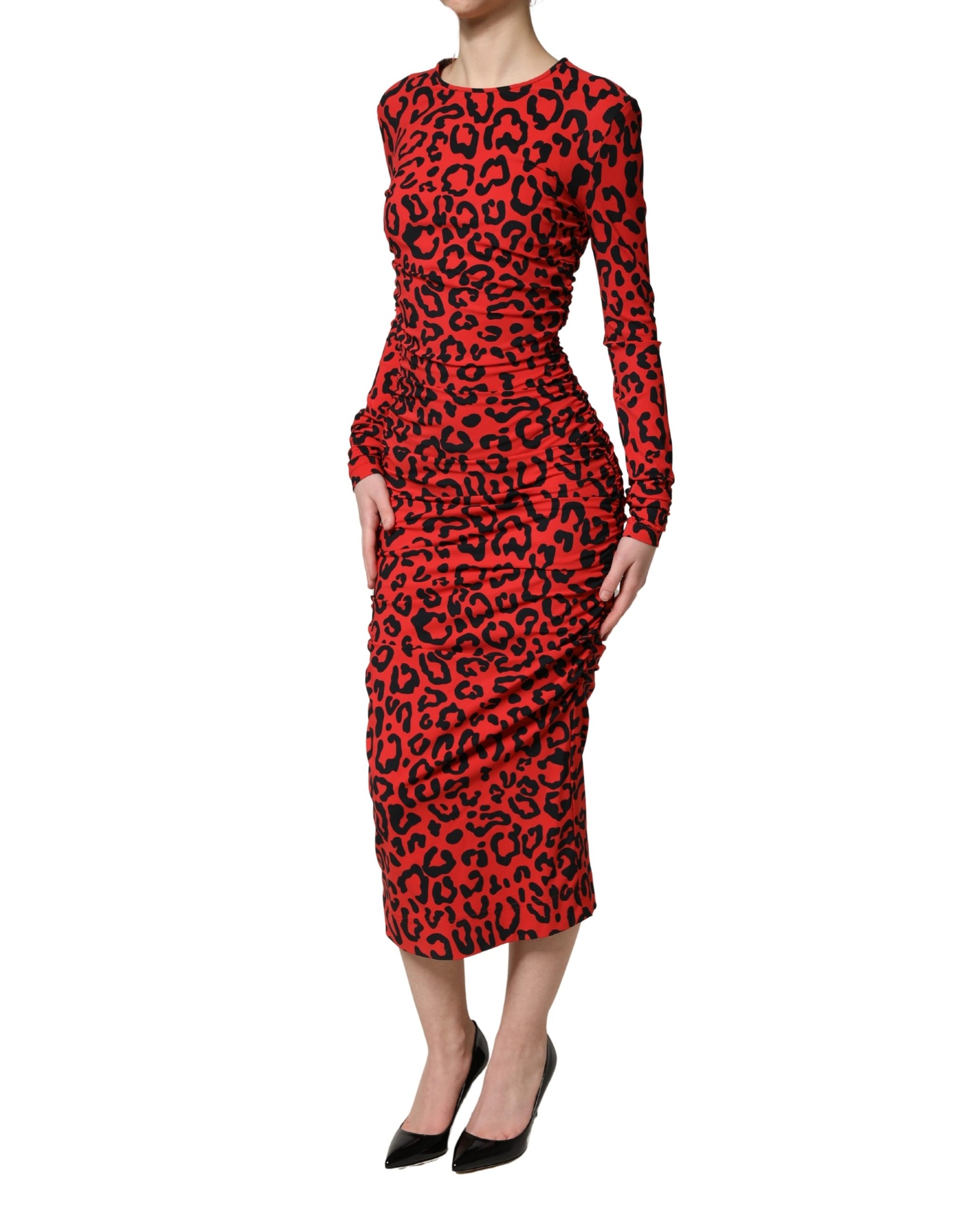 Dolce &amp; Gabbana Red Leopard Print Long Sleeves Midi Dress
