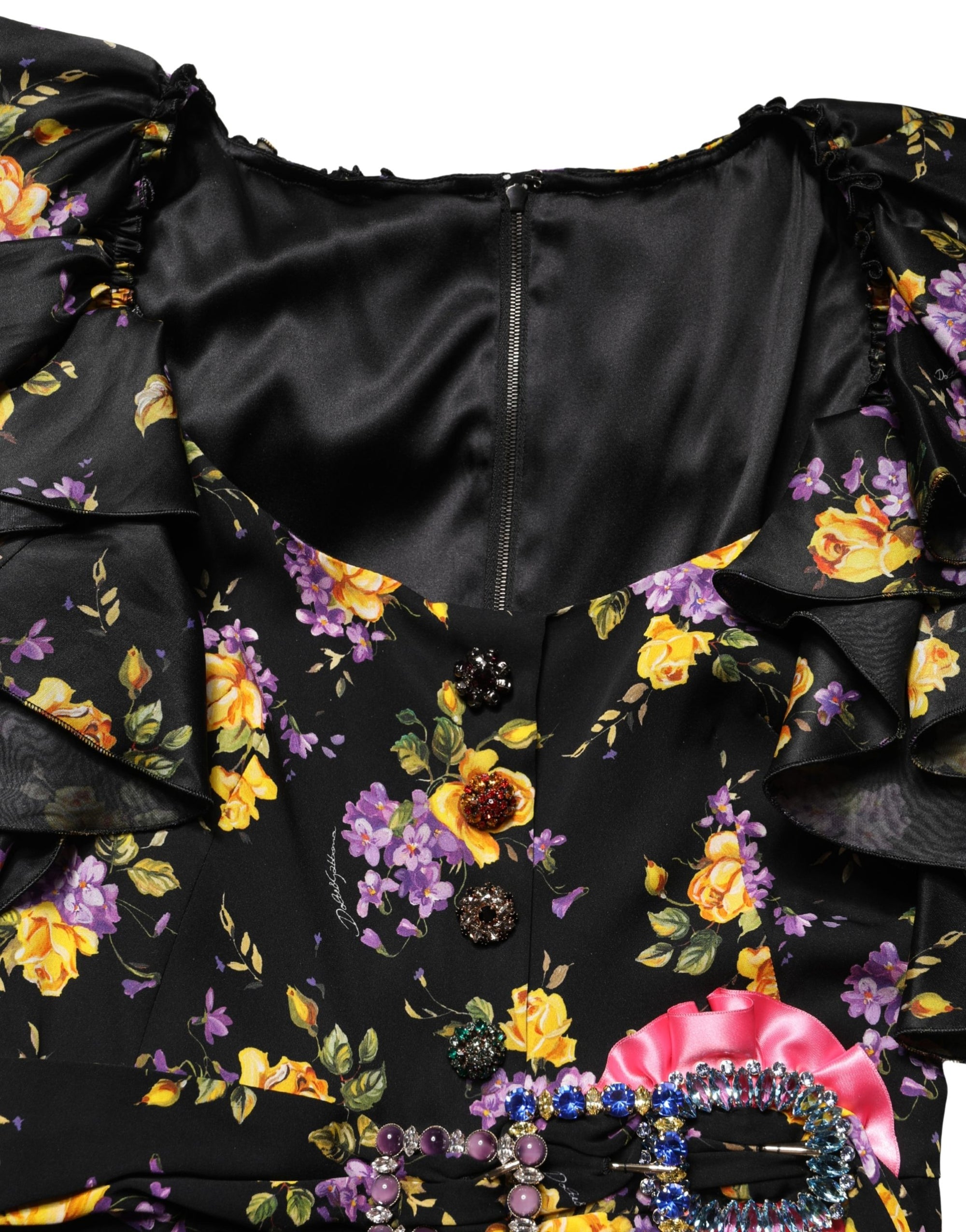 Dolce &amp; Gabbana Black Purple Crystal Brooch Silk Midi Dress