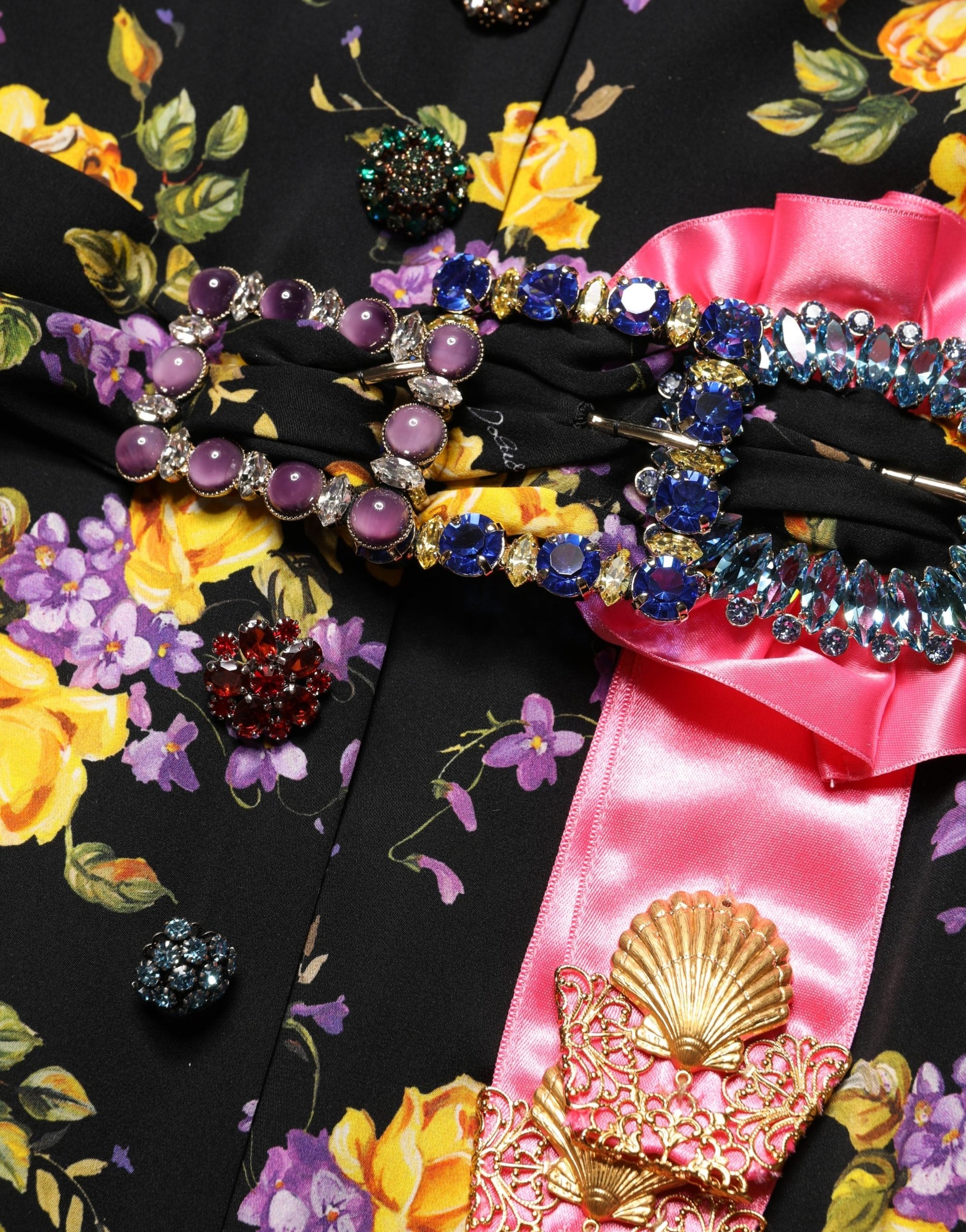 Dolce &amp; Gabbana Black Purple Crystal Brooch Silk Midi Dress