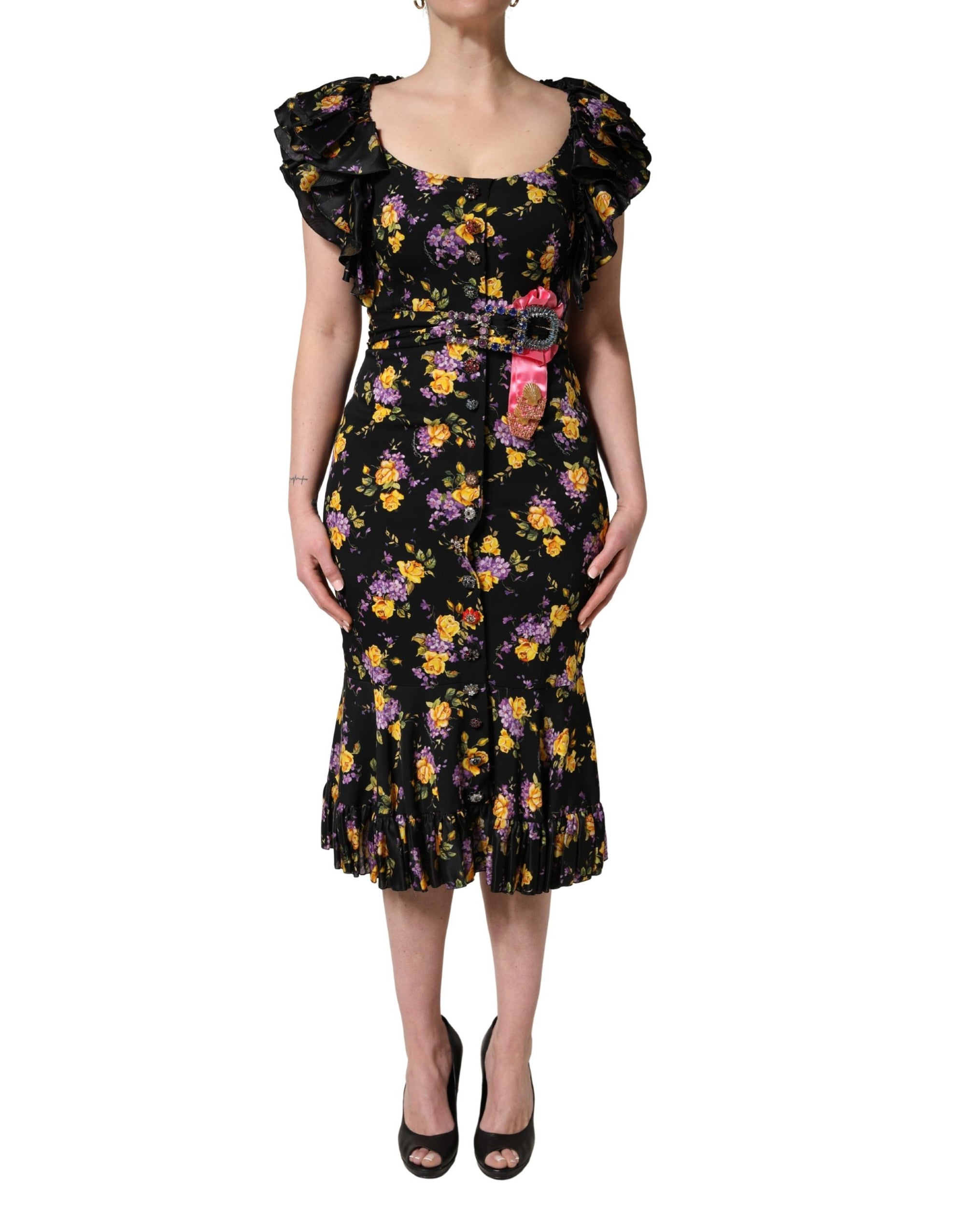 Dolce &amp; Gabbana Black Purple Crystal Brooch Silk Midi Dress