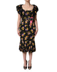 Dolce & Gabbana Black Purple Crystal Brooch Silk Midi Dress