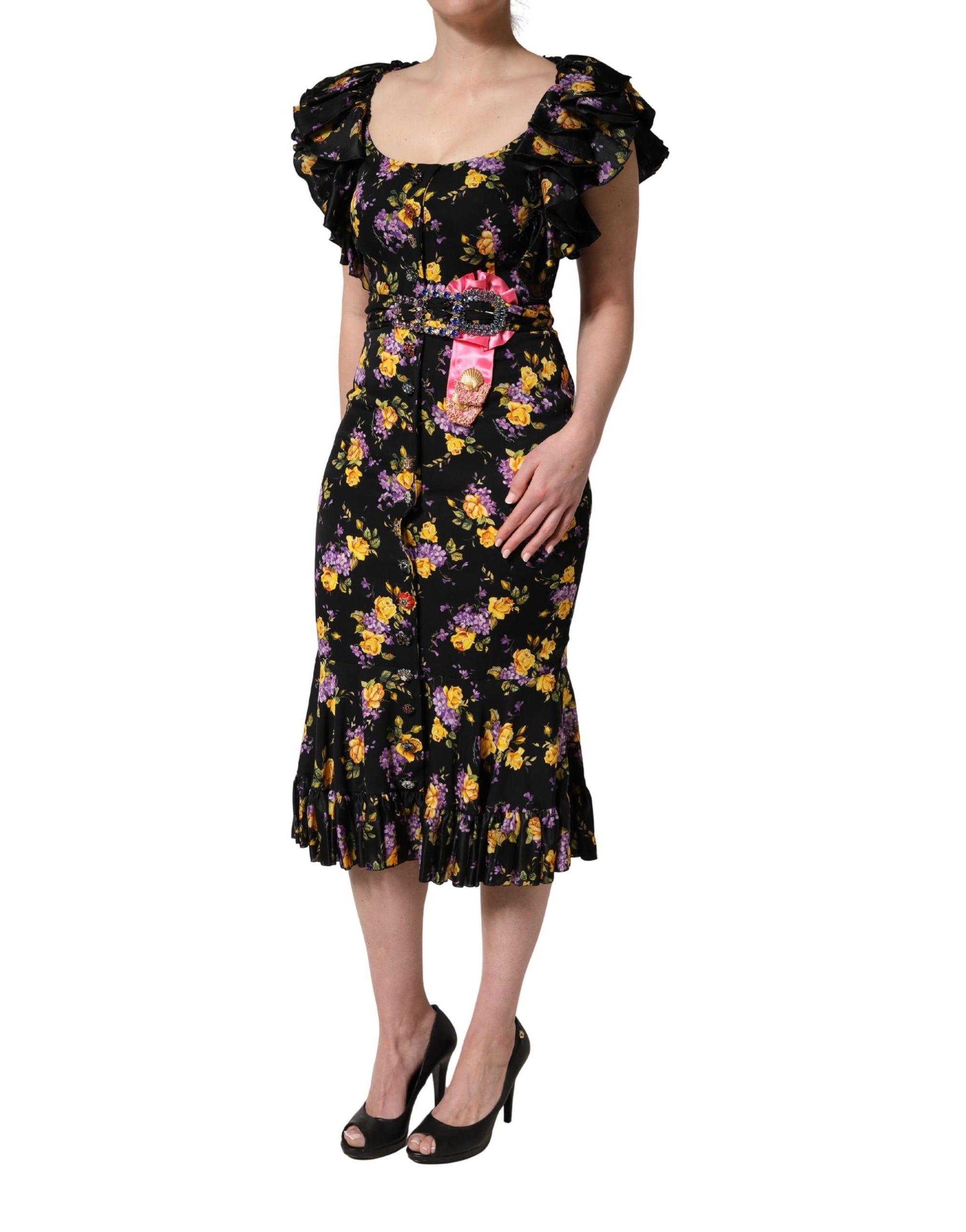Dolce &amp; Gabbana Black Purple Crystal Brooch Silk Midi Dress