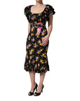 Dolce & Gabbana Black Purple Crystal Brooch Silk Midi Dress