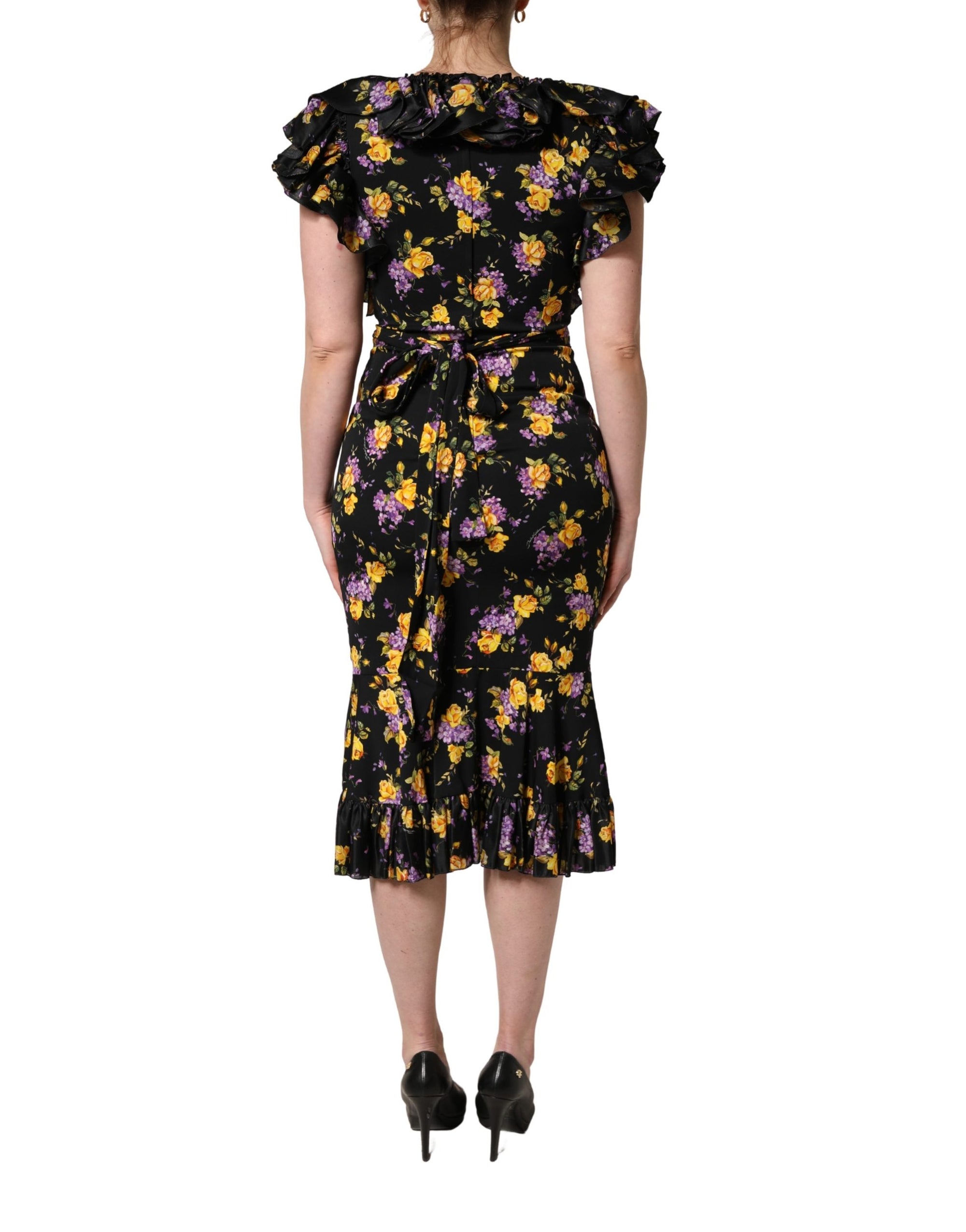 Dolce &amp; Gabbana Black Purple Crystal Brooch Silk Midi Dress